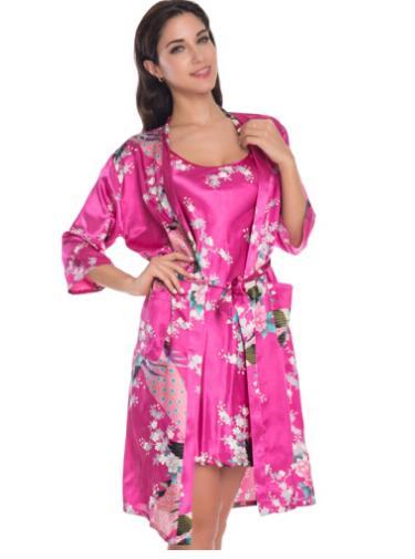 2 Piece Set Women Silk Peacock Kimono Robes Sexy Lingerie Women Wedding Party Bridesmaid Robe Satin Nightgown Bathrobe Pijam