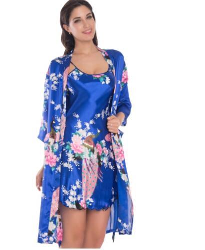 2 Piece Set Women Silk Peacock Kimono Robes Sexy Lingerie Women Wedding Party Bridesmaid Robe Satin Nightgown Bathrobe Pijam