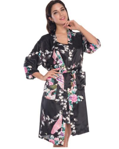 2 Piece Set Women Silk Peacock Kimono Robes Sexy Lingerie Women Wedding Party Bridesmaid Robe Satin Nightgown Bathrobe Pijam