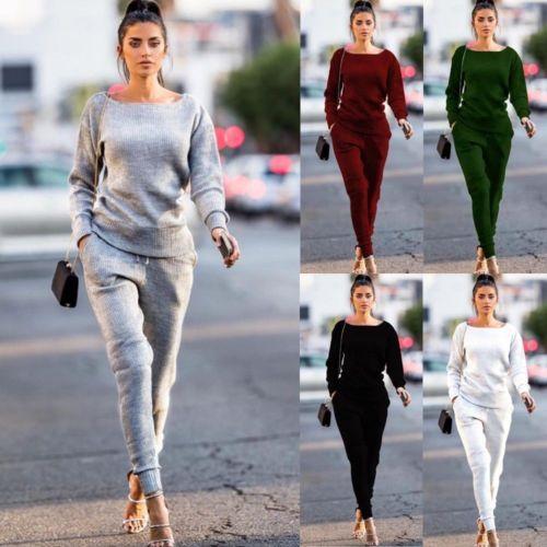 2018 Winter 2 Two Piece Sets Women Solid Black Gray Burgundy Knitted Sweatshirt Elastic Waist Warm Pullovers Tracksuit Outfits