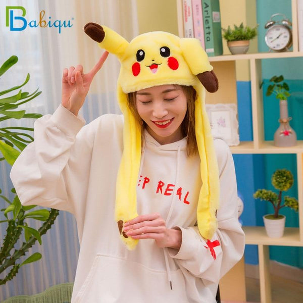 1pc 60cm Funny Pikachu and Rabbit Hat with Ears Moving Plush Toy Stuffed Soft Creative Hat Doll Cute Birthday Gift FOR Kids Girl