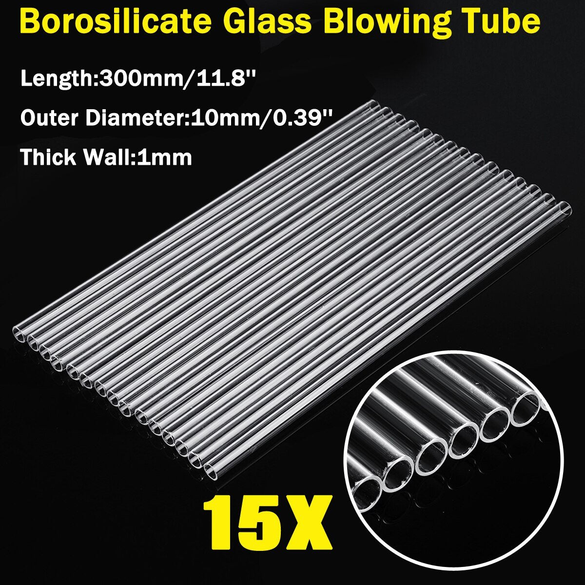 Kicute 15Pcs 11.8 Inch 300mm OD 10mm 1mm Transparent Thick Wall Borosilicate Glass Blowing Tube Lab Supplies Pipette
