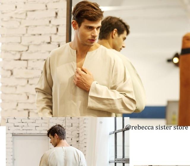 Men Full Length bathrobe Ultra Long Nature Cotton Linen Lounge Wear Home Robe male Loungewear Sleepwear  Kigurumi Pajamas gown