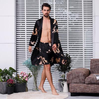 Two-piece Suit Male Silk Dressing Gown  Extra large Robe With Dragons Mens Satin Bathrobe Silk Kimono Men 1287