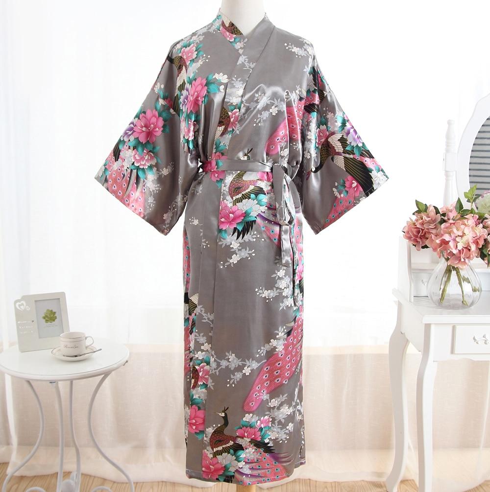 Sexy Gray Lady Summer Causal Robe Long Bathrobe Gown Women's Satin Nightgown Lingerie Print Flower Kimono Sleepwear One Size