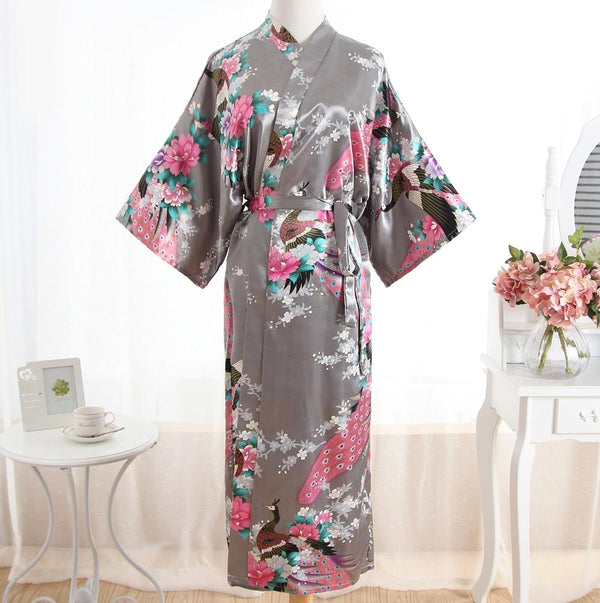 Sexy Gray Lady Summer Causal Robe Long Bathrobe Gown Women's Satin Nightgown Lingerie Print Flower Kimono Sleepwear One Size