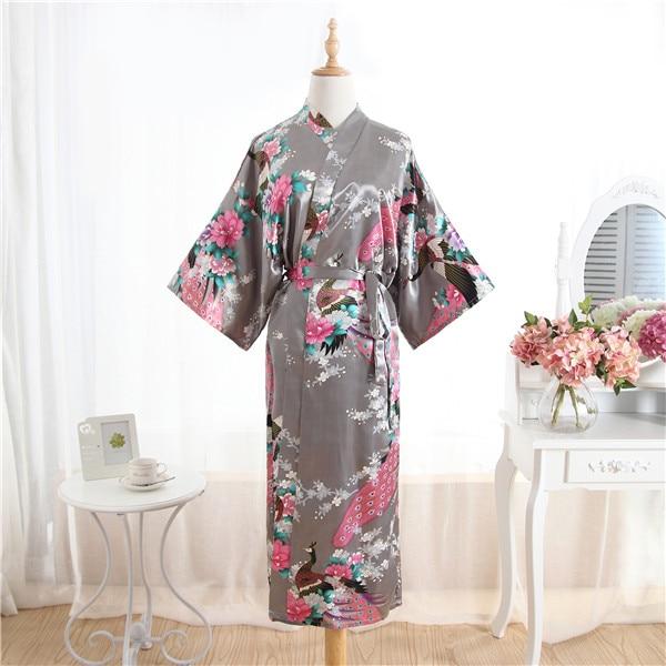 Sexy Gray Lady Summer Causal Robe Long Bathrobe Gown Women's Satin Nightgown Lingerie Print Flower Kimono Sleepwear One Size