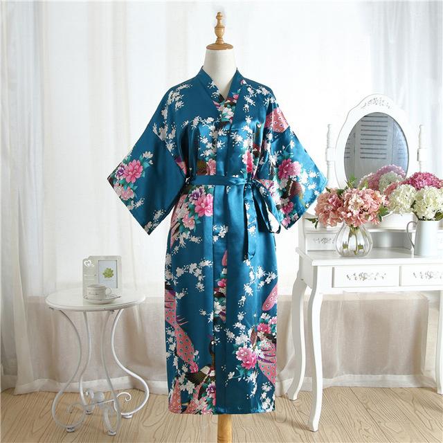 Sexy Gray Lady Summer Causal Robe Long Bathrobe Gown Women's Satin Nightgown Lingerie Print Flower Kimono Sleepwear One Size