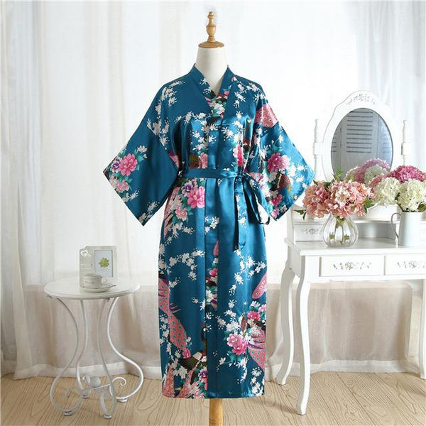 Sexy Gray Lady Summer Causal Robe Long Bathrobe Gown Women's Satin Nightgown Lingerie Print Flower Kimono Sleepwear One Size