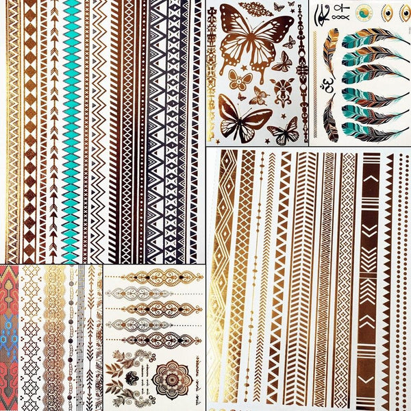 Summer Style Girl Women Henna Gold Metallic Flash Tattoo Stickers Girls Fake Waterproof Tattoo Golden Color Bracelets Leg Tatoos