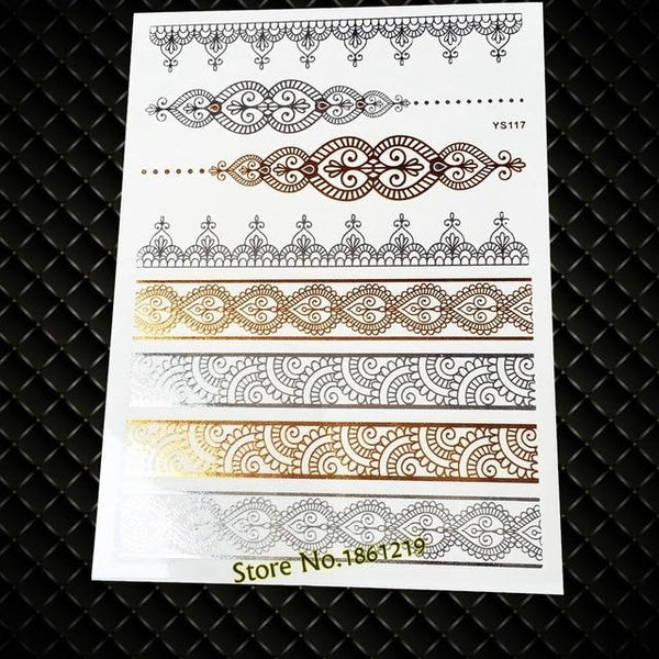 Summer Style Girl Women Henna Gold Metallic Flash Tattoo Stickers Girls Fake Waterproof Tattoo Golden Color Bracelets Leg Tatoos