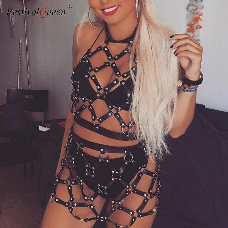 FestivalQueen Sexy Punk Leather Body Harness Skirt 2018 New Hollow Out Crop Top Black PU Belt Patchwork Women Cage Short Skirts