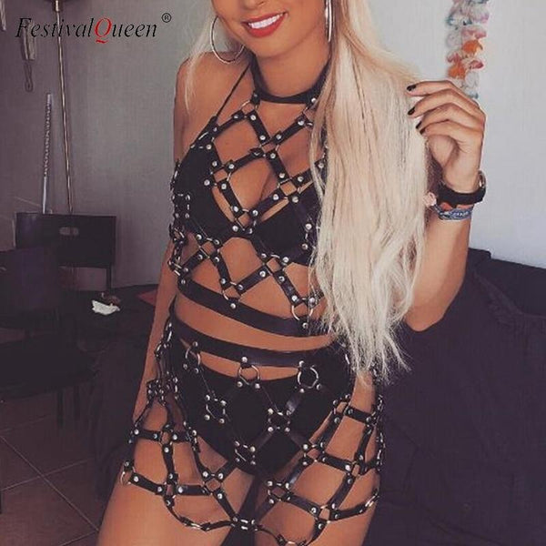 FestivalQueen Sexy Punk Leather Body Harness Skirt 2018 New Hollow Out Crop Top Black PU Belt Patchwork Women Cage Short Skirts