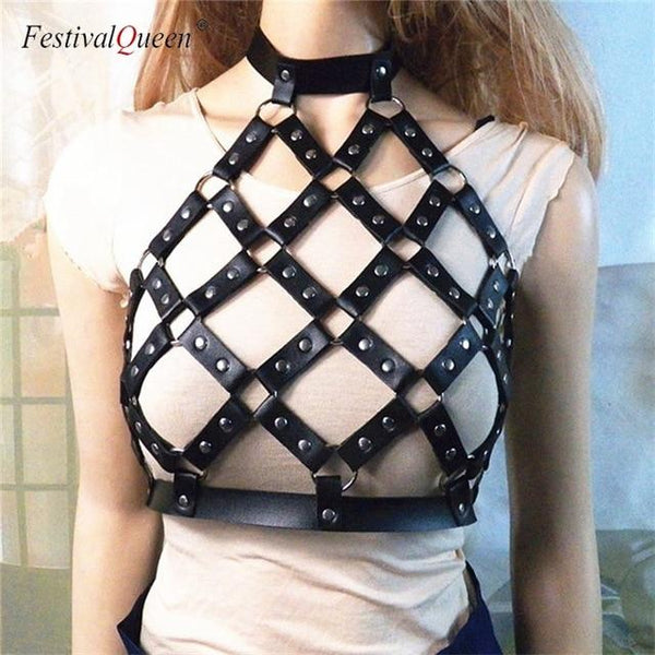 FestivalQueen Sexy Punk Leather Body Harness Skirt 2018 New Hollow Out Crop Top Black PU Belt Patchwork Women Cage Short Skirts