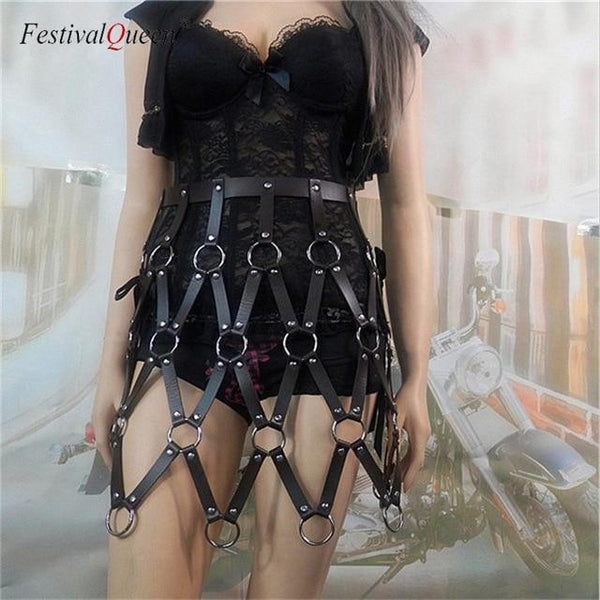 FestivalQueen Sexy Punk Leather Body Harness Skirt 2018 New Hollow Out Crop Top Black PU Belt Patchwork Women Cage Short Skirts