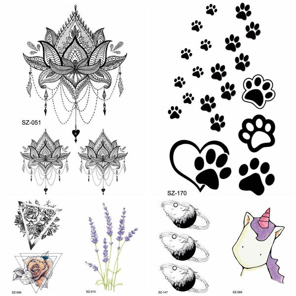 Black Small Paw Temporary Tattoo Women Body Arm Henna Lotus Pendant Tattoo Stickers Girls Fashion Ankle Unicorn Fake Tatoos DIY