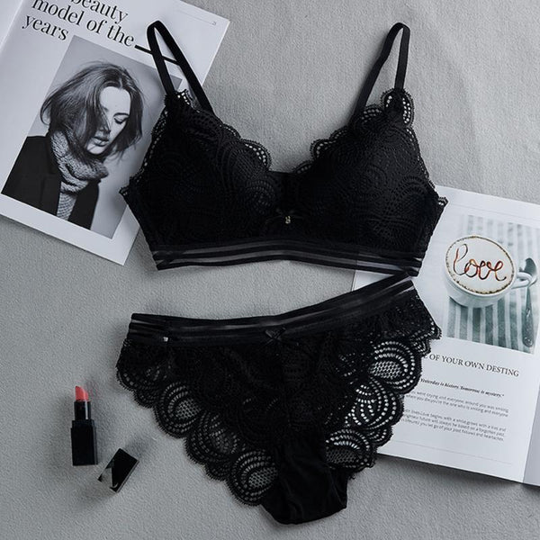 Black Sexy Bra Sets Triangle Thin mold Cup Floral Women Green Underwear Fashion No Steel Ring Lace Light Purple Bra Briefs Set