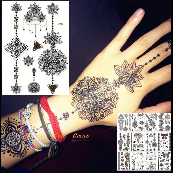 25 Styles Black Ink Henna Temporary Tattoo Sticker Fake Flower Pendants Arm Hand Tatoo Paste Waterproof Body Art Tattoo Stickers