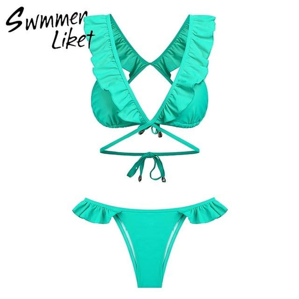 Bandage micro bikini set 2018 Push up sexy swimsuit female Solid ruffle swimwear Brazilian bathing suit summer bathers biquini