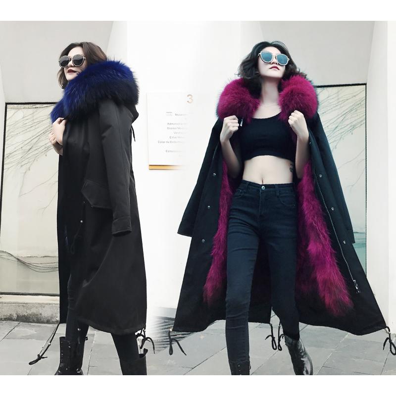 Large Real Raccoon Dog Fur Collar Hooded Women's Natural Fox Fur Lined Coats Outerwear Female Warm Winter Fur Jackets Plus Size