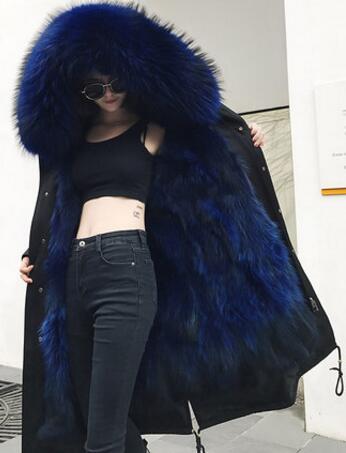 Large Real Raccoon Dog Fur Collar Hooded Women's Natural Fox Fur Lined Coats Outerwear Female Warm Winter Fur Jackets Plus Size