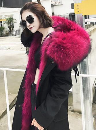 Large Real Raccoon Dog Fur Collar Hooded Women's Natural Fox Fur Lined Coats Outerwear Female Warm Winter Fur Jackets Plus Size