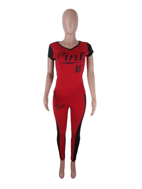 PINK Letter Print Sexy Red Patchwork 2 Piece Set Sweatsuits Top And Skinny Pant Sweat Suits Two Piece Casual Tracksuit Plus Size