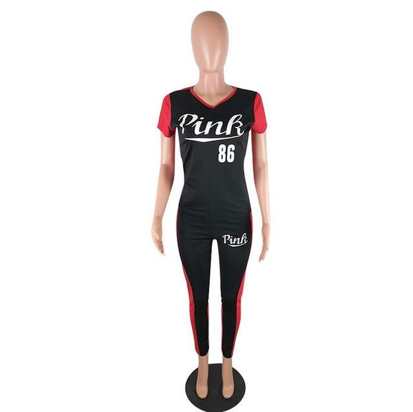 PINK Letter Print Sexy Red Patchwork 2 Piece Set Sweatsuits Top And Skinny Pant Sweat Suits Two Piece Casual Tracksuit Plus Size