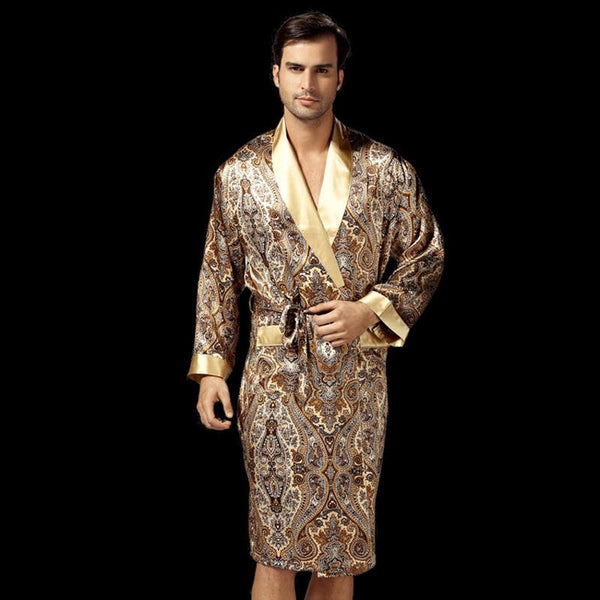 Brand Luxury Silk Robe Men Long-sleeved Robe Printed Bathrobe Male 100% Silk Kimono Sleepwear Gown Home Furnishing large code