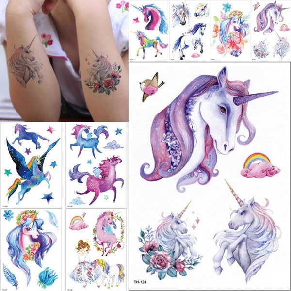 New Cartoon Blue Unicorn Fairy Tales Temporary Tattoo For Children Kids Waterproof Flash Tattoo Sticker Girl Baby Body Art Horse