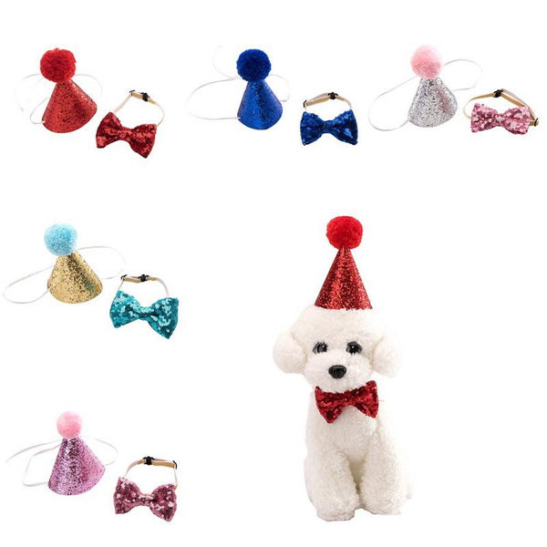 HOT Pet Dog Cat Birthday Party Hat Bowknot Cosplay Cute Bow Tie Headwear Sequin Design Cap Pets Accessories Christmas Santa Hats