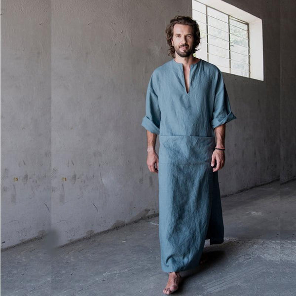Men Full Length bathrobe Ultra Long Nature Cotton Linen Lounge Wear Home Robe male Loungewear Sleepwear  Kigurumi Pajamas gown
