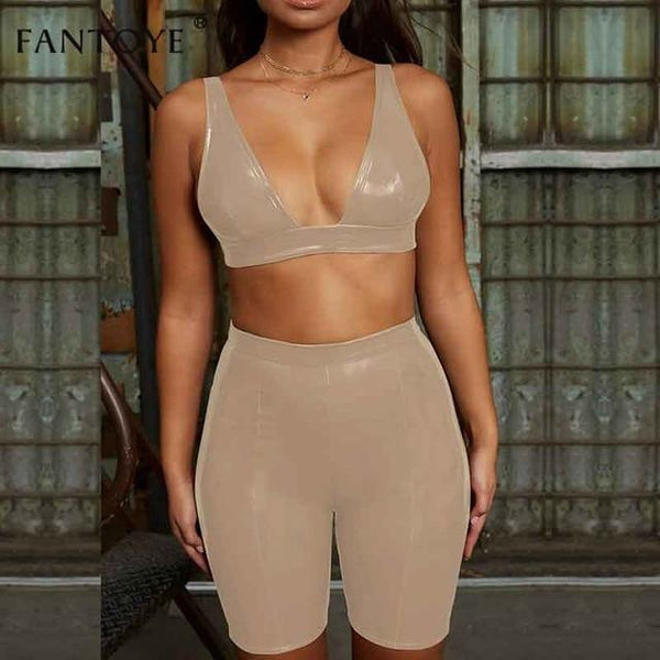 Fantoye Pu Leather Sexy Club Bodycon 2 Piece Set For Women Autumn Sleeveless Crop Top And Shorts Workout Two Pieces Set