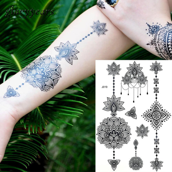 1PC Fashion Flash Waterproof  Tattoo Women Black Ink Henna Jewel Sexy Lace BJ019 Flower Pendant Wed Henna Temporary Tattoo Stick