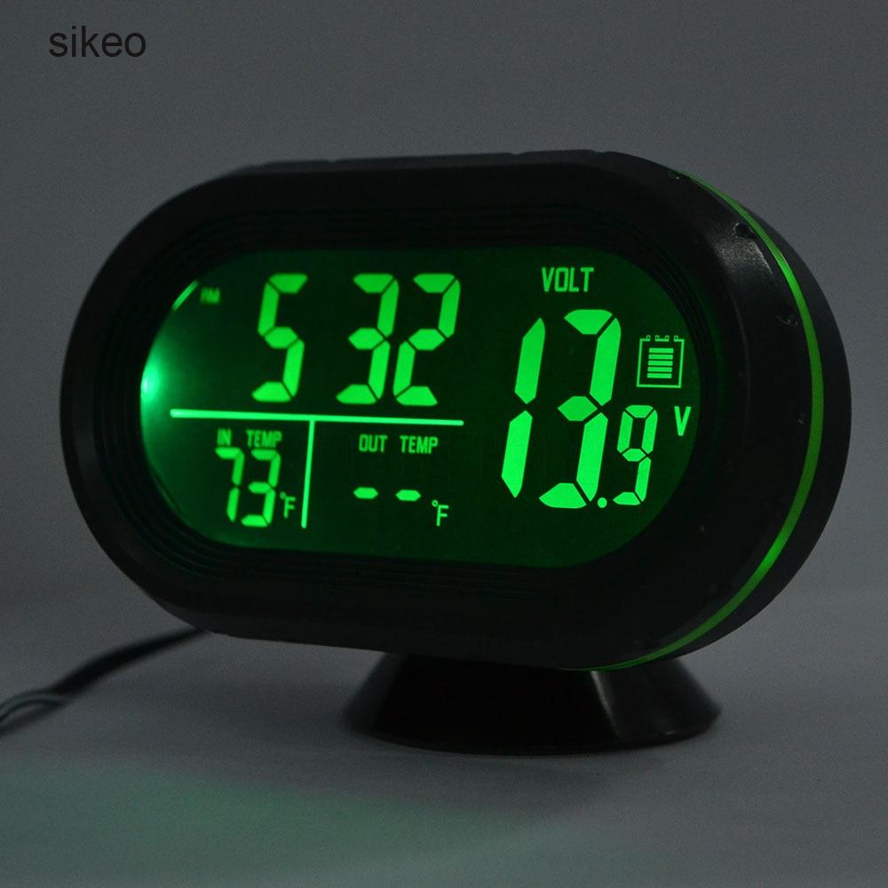 sikeo Car Thermometer Digital Clock DC12-24V Automobile Clock LED Lighted Auto Dual Temperature Gauge Voltmeter Voltage Tester