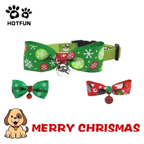 HOTFUN Christmas Pet Bowknot Dog Bow Ties Collar with Bells Cat Neck Tie Pet Supplies Dog Accessories with Bell