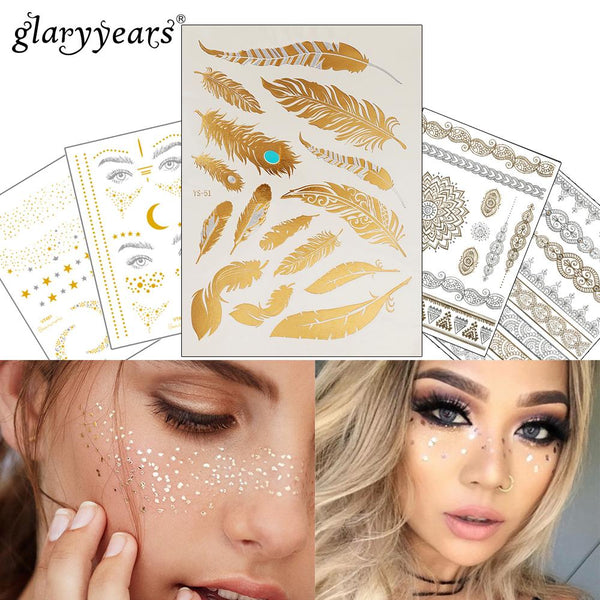 1PC Flash Metallic Waterproof Tattoo Gold Silver Women Fashion Henna YS-51 Peacock Feather Design Face Freckle Temporary Tattoo