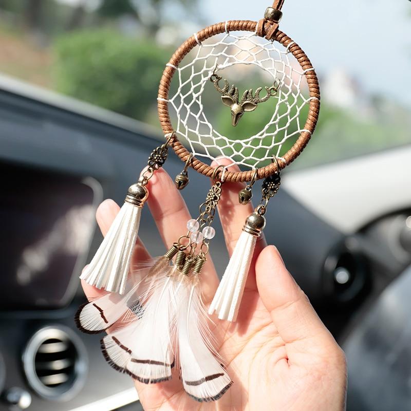 Deer Dream Catcher Car Pendant Feather Dreamcatcher Wind Chimes Automobiles Interior Hanging Decorative Ornament Home Decor Gift