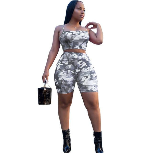 ANJAMANOR Camouflage Print Casual Two Piece Set Crop Top and Pants Summer Short Tracksuit Women Sexy Bodycon Romper D74-AA21