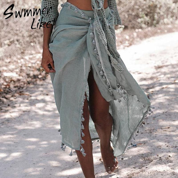 Sexy Beach Cover Ups tassel Wrap Skirt Bikinis 2019 Swimsuit Female Swimwear Women Solid Pareo Summer Beach Wear Chiffon Sarongs