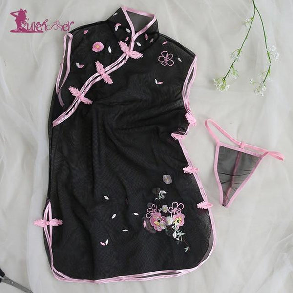 Lurehooker Sexy Lingerie Hot Perspective Embroidery Cheongsam Uniform Temptation Pink Gauze Erotic Underwear Sexy Costumes