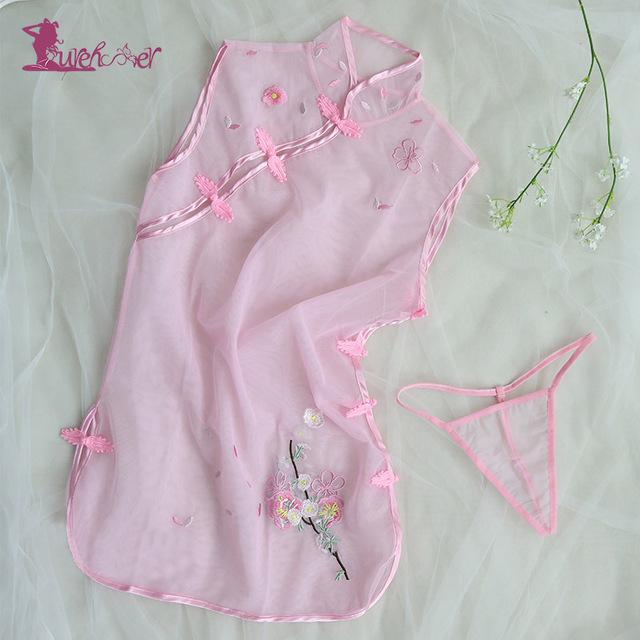 Lurehooker Sexy Lingerie Hot Perspective Embroidery Cheongsam Uniform Temptation Pink Gauze Erotic Underwear Sexy Costumes