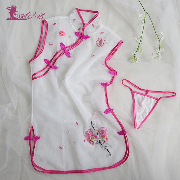 Lurehooker Sexy Lingerie Hot Perspective Embroidery Cheongsam Uniform Temptation Pink Gauze Erotic Underwear Sexy Costumes