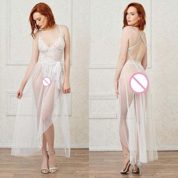 Plus Size Women Sexy Lingerie 2pcs/set Lace Transparent Teddy Babydoll See Through Mesh Dress Long Nightgown Erotic Underwear