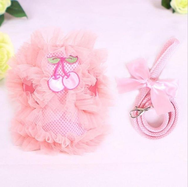 Pink Purple Princess Lace Cherry Pet Dog Harness Leash Set Breathable Pet Harness for Small Dog Pet XS S M L XL