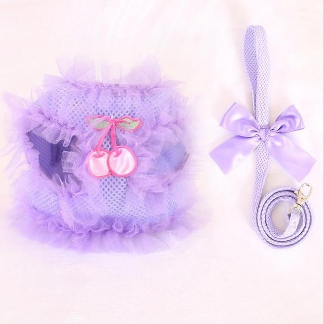 Pink Purple Princess Lace Cherry Pet Dog Harness Leash Set Breathable Pet Harness for Small Dog Pet XS S M L XL