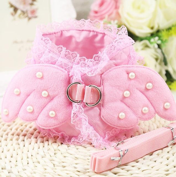 Small Dog Harness and Leash Set Angel Wing Pet Cat Vest Harness with Lace Mesh Padded for Small Puppy Dogs Chihuahua Yorkies