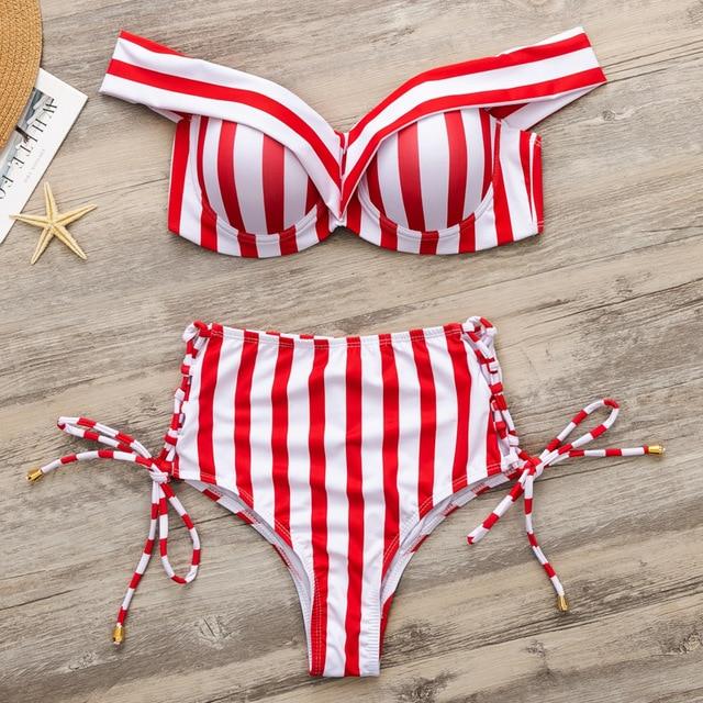 Striped swimsuit women High waist bikini set Off shoulder swimwear 2019 Lace up bathing suit Sexy two-piece suit Push up bathers