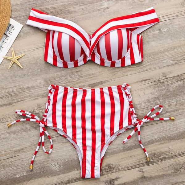 Striped swimsuit women High waist bikini set Off shoulder swimwear 2019 Lace up bathing suit Sexy two-piece suit Push up bathers