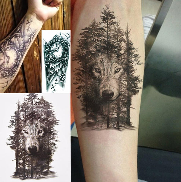 1Pc Waterproof Temporary Tattoo Sticker Chest Clock  Wolf Forest Tatto Stickers Flash Tatoo Fake Tattoos For Women Men